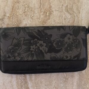 Coach Gray and Black Floral Accordian Zip Around Wallet